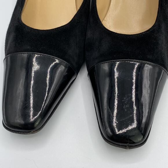 Salvatore Ferragamo Black Suede Patent Cap Square Toe Kitten Heel Pump 8 1/2 B - Picture 10 of 10